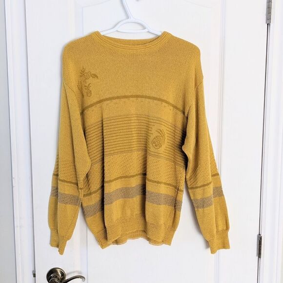VINTAGE mustard yellow cotton blend oversized crew neck sweater ananace Small F1 - Picture 7 of 9